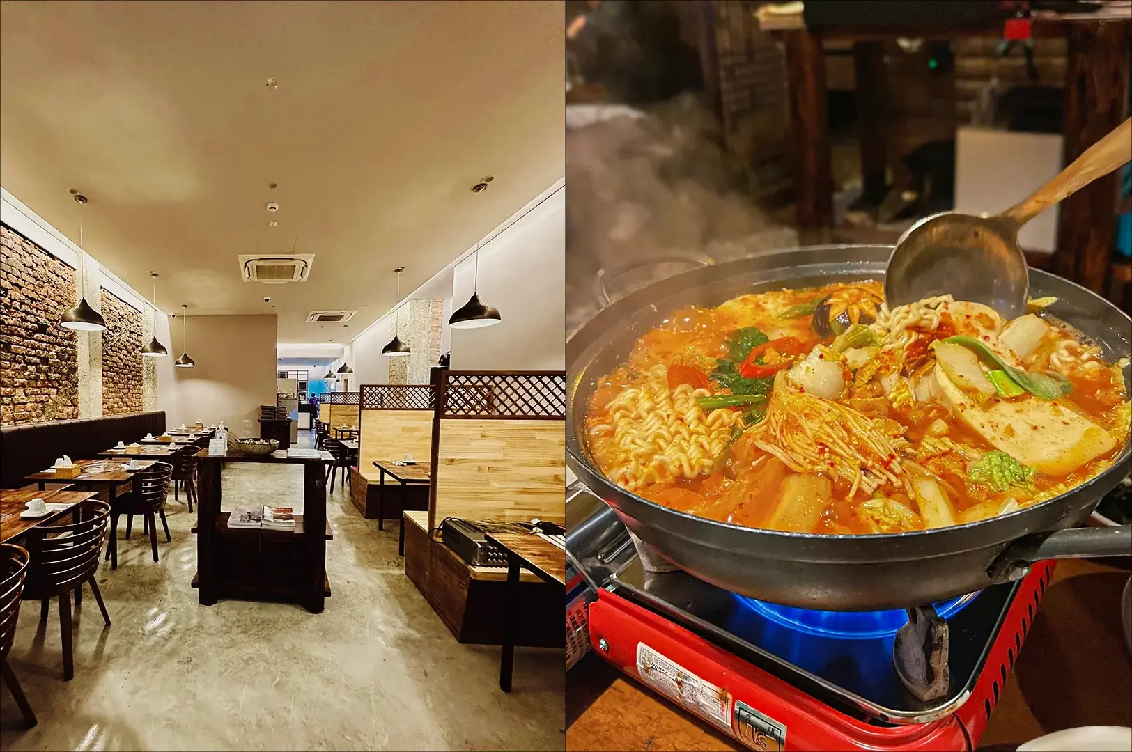 Split image of Todamgol dining scene, left featuring a clean, modern restaurant interior with booth seating and neutral tones, and right showing an eye-level close-up of a bubbling Korean-style hot pot cooking on a tabletop stove.