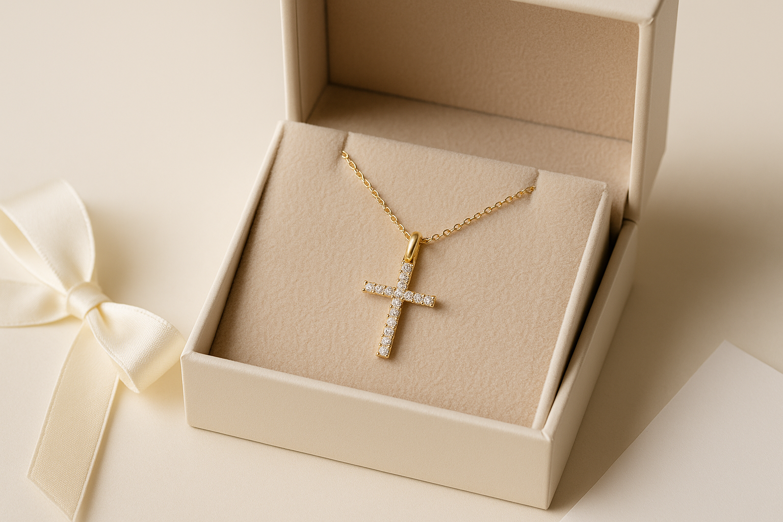 Auksinis kryželis su deimantais dėžutėje kaip dovana