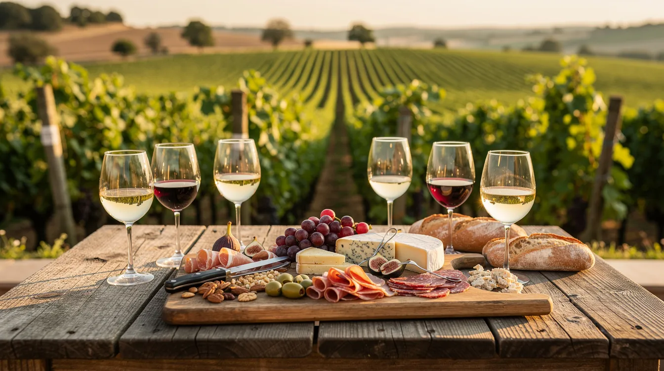 The image depicts a rustic winery tasting table adorned with elegant wine glasses and a beautifully arranged charcuterie board, set against the backdrop of lush green vineyard rows. This inviting scene captures the essence of wine tasting near Sacramento, highlighting the quality wines and flavors offered by local winemakers.