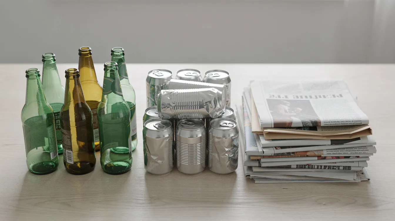 Auf dem Tisch sind verschiedene Materialien wie Glasflaschen, Aludosen und Papier in separate Haufen sortiert, die die Mülltrennung und das Recycling symbolisieren. Diese Anordnung verdeutlicht die Bedeutung von Verpackungsmaterialien und deren richtige Entsorgung im Sinne des Umweltschutzes.