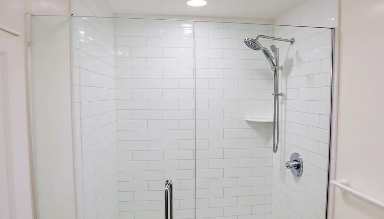 A budget-friendly walk-in shower features sleek white subway tiles on the shower walls and a stylish chrome fixture, creating a clean and modern look. The doorless design enhances accessibility, making it a practical choice for any master bathroom while maintaining a bright and airy atmosphere.