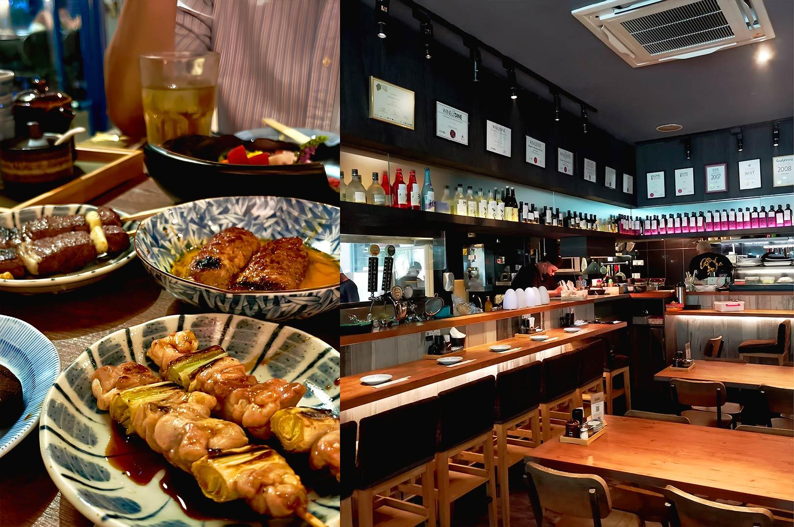 yakitori skewers and Japanese small plates served in modern izakaya bar interior Singapore