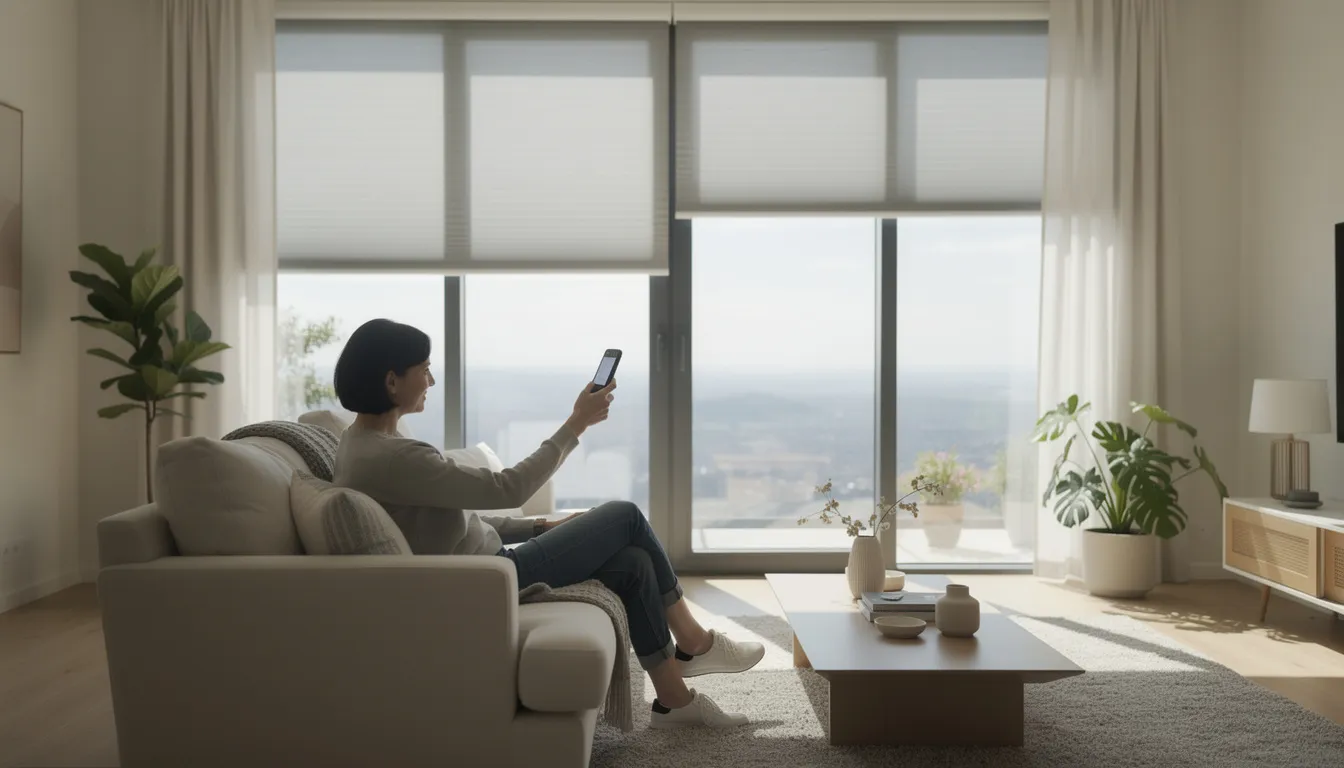 A person is seated on a comfortable living room sofa, using a remote control to operate motorized window shades on tall windows, allowing them to effortlessly adjust natural light in the space. The sleek design of the motorized shades complements the room's interior, making it a perfect solution for hard-to-reach windows.