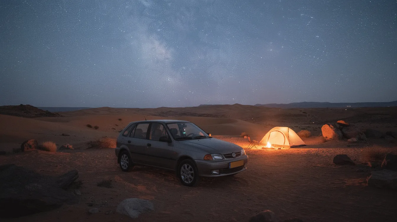 Coche aparcado en el desierto bajo un cielo estrellado con una tienda iluminada.