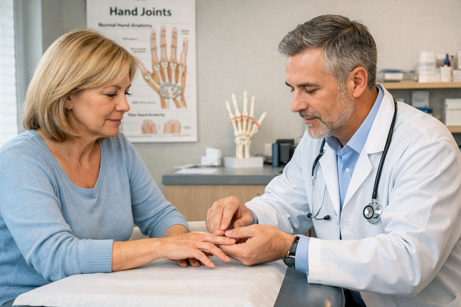 Doctor examining a patient's hand in a clinical setting, focusing on the fingers, with a hand anatomy poster and skeletal hand model in the background, symbolising care and diagnosis for finger arthritis.