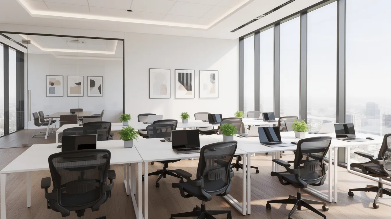 The image depicts a clean office area featuring organized desks, spotless floors, and bright lighting, showcasing the results of professional cleaning services. This well-maintained environment highlights the commitment to cleanliness and quality janitorial services, ensuring a healthy and productive workspace.