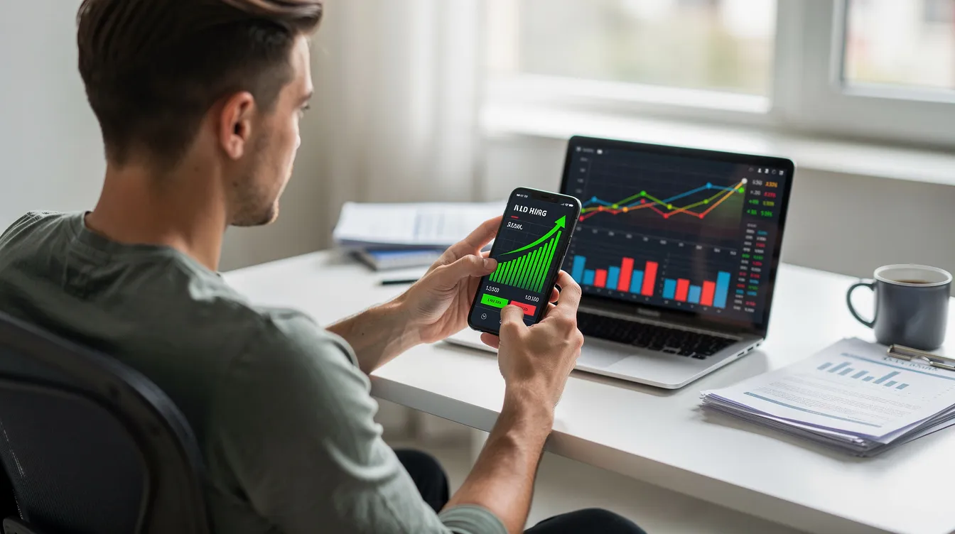 A person is seated at a desk, intently looking at a smartphone displaying a financial app filled with colorful charts and graphs. This scene represents the growing use of AI-powered financial tools in portfolio management, highlighting the contrast between traditional human financial advisors and modern AI systems for investment advice.