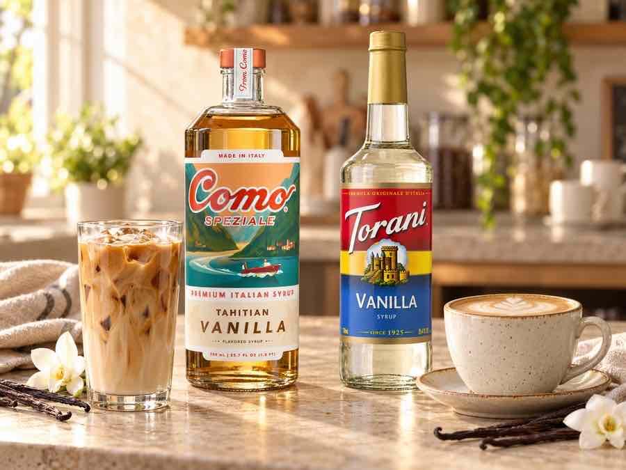 Como Speziale and Torani vanilla syrups with iced and hot lattes on a cafe counter.