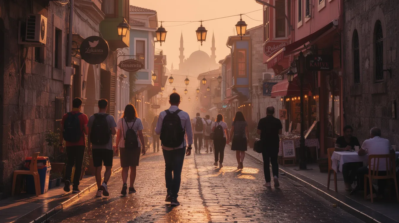 Un grupo de viajeros camina por una calle histórica de Estambul, iluminada por la luz dorada del atardecer, mientras se aprecian edificios antiguos y el ambiente vibrante de la ciudad. Este escenario es ideal para los turistas que planean su viaje a Turquía y necesitan información sobre visados y requisitos de entrada.