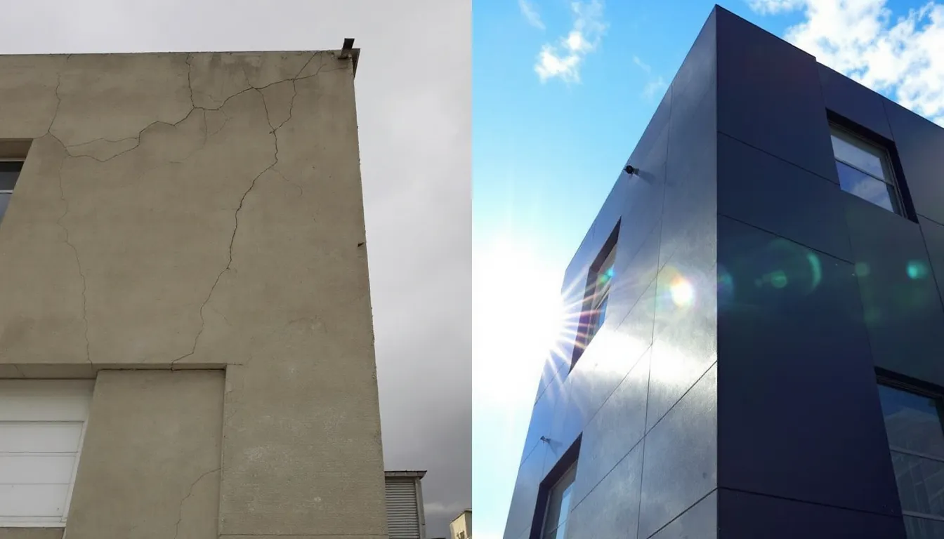 Before and after images of a building renovation using concrete cladding.