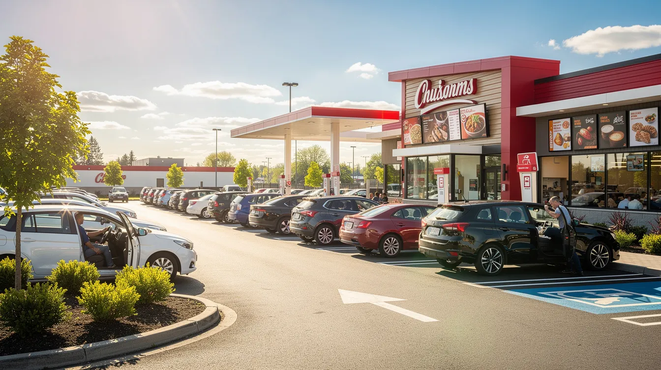 The image depicts a busy drive-through restaurant on a sunny afternoon, with a long line of cars eagerly waiting to order. This fast food location offers delicious items like hand-battered chicken fingers and box combos, showcasing the hustle and bustle of customers enjoying the convenience of contact-free delivery.