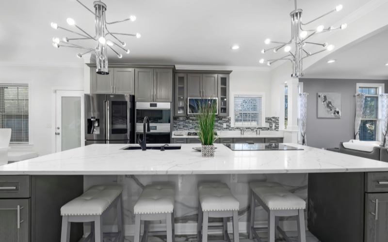 An image showcasing the use of distant led pendant lighting and its addition to the accent of the kitchen  