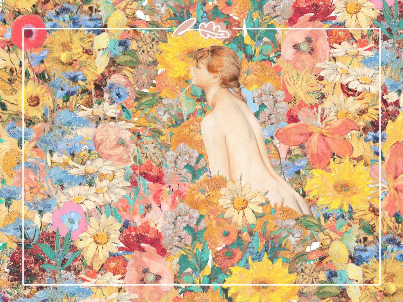 A painting of a woman surrounded by colourful flowers. Flower fragrance and love quotes blog post highlights.