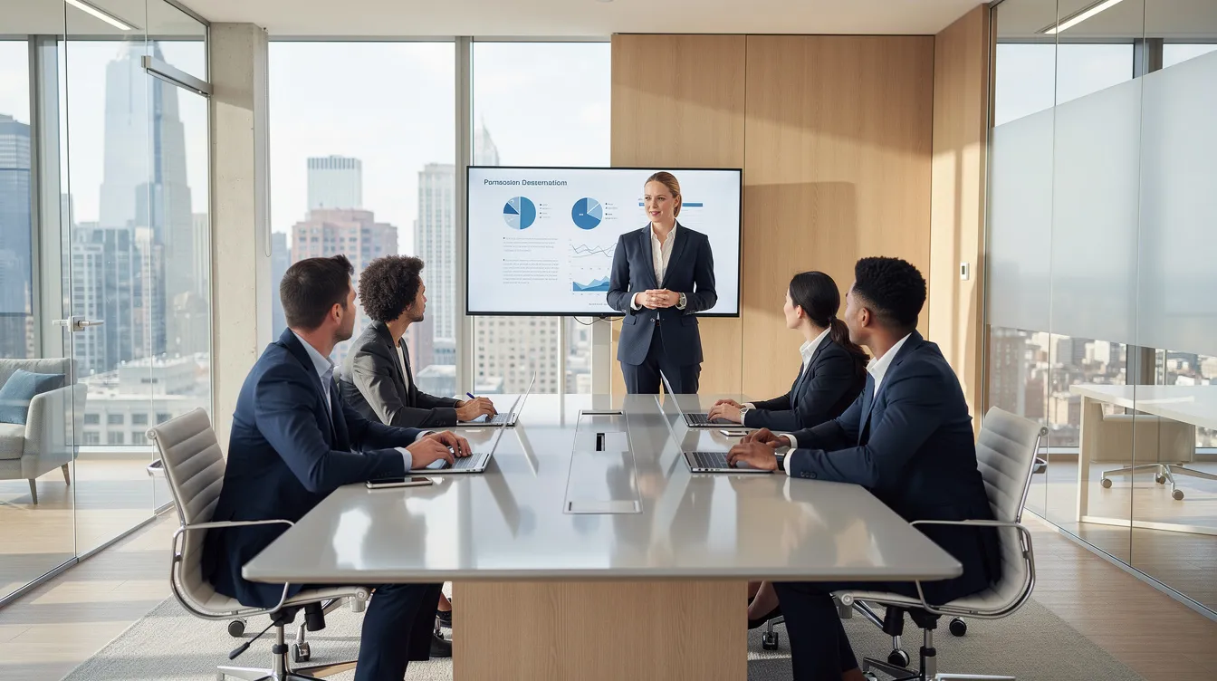 A group of professionals is engaged in a meeting within a modern office setting, discussing financial strategies related to 二線 清 and potential 結餘 轉 戶 貸款 options. The atmosphere is focused and collaborative, highlighting the importance of effective financial planning and 清 數 services.