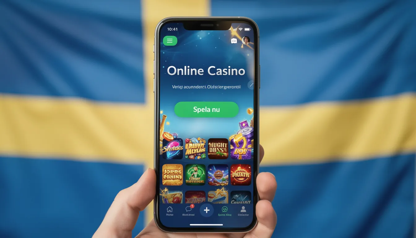 En smartphone visar en online casino-applikation med den svenska flaggan i bakgrunden, vilket symboliserar ett casino med svensk licens. Skärmen visar olika spelalternativ och bonusar, inklusive erbjudanden som "100 free spins" och "snabba uttag".