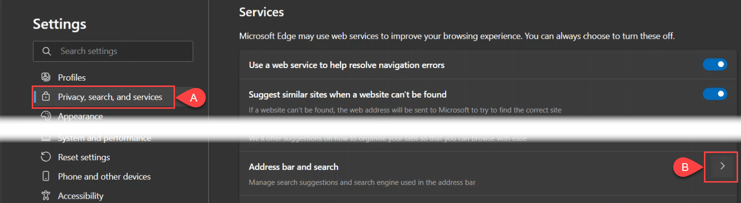 Screenshot of opening the Privacy, Search, and Services Settings in Microsoft Edge