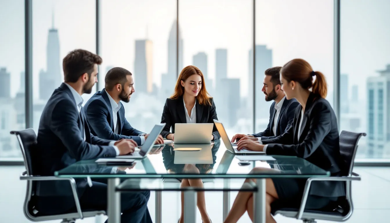 A team of SEO specialists discussing strategies for improving search engine rankings.