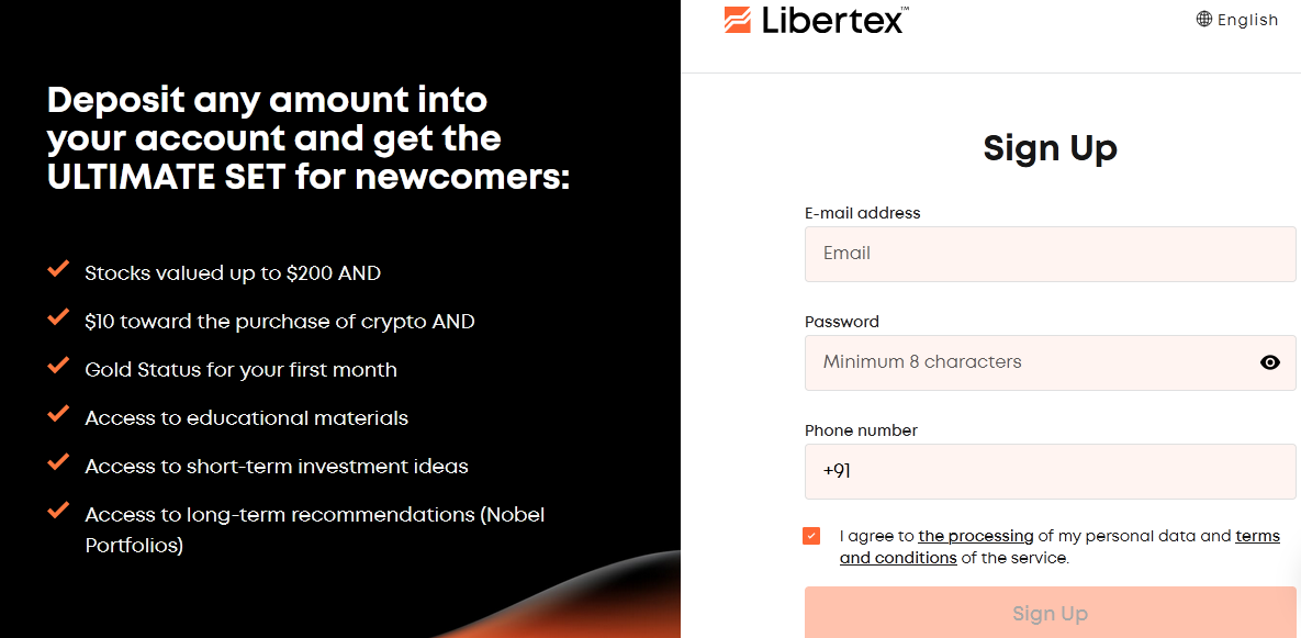 Registration page of the Libertex platform