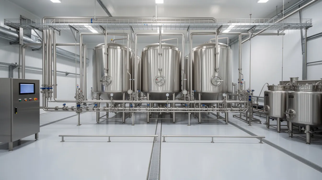 6d88bb33 5231 40be b12e a66affab84c8 The image depicts the interior of a modern dairy processing plant, showcasing large stainless steel storage tanks and intricate piping systems essential for milk processing. This facility is designed to efficiently handle raw milk and produce various dairy products, reflecting advancements in the organized dairy sector.