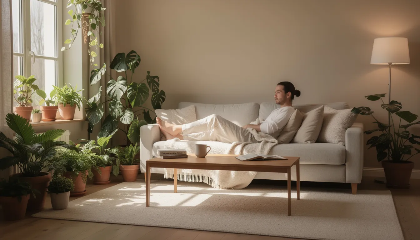 Eine Person sitzt entspannt in einem ruhigen Wohnzimmer, umgeben von verschiedenen Pflanzen, die eine beruhigende Atmosphäre schaffen. Der Raum strahlt eine harmonische Stimmung aus, die zum Entspannen einlädt.