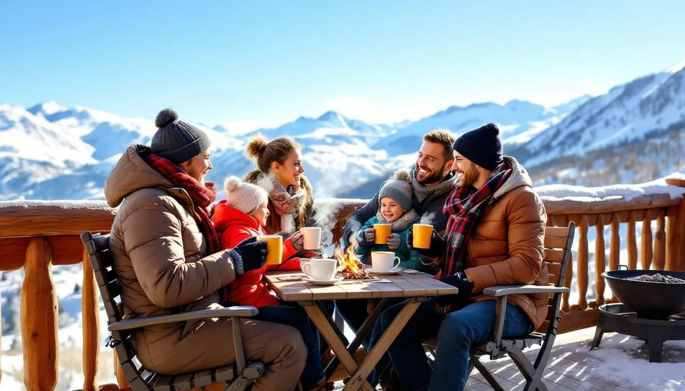 A family is seated on the deck of a ski-in/ski-out condo at Brian Head Resort, enjoying steaming mugs of hot chocolate while taking in the stunning mountain views. This highly rated location in Utah is perfect for families looking to relax after a day of skiing and tubing.