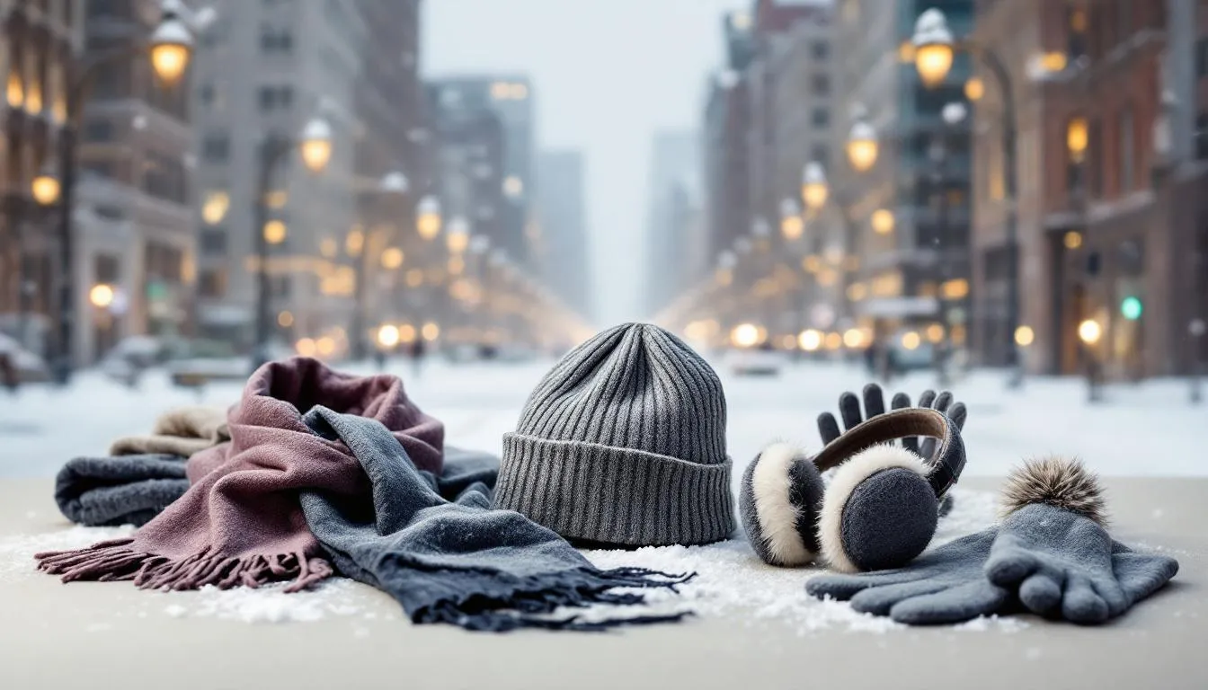 A stylish cashmere beanie displayed among other winter accessories that make perfect gifts.