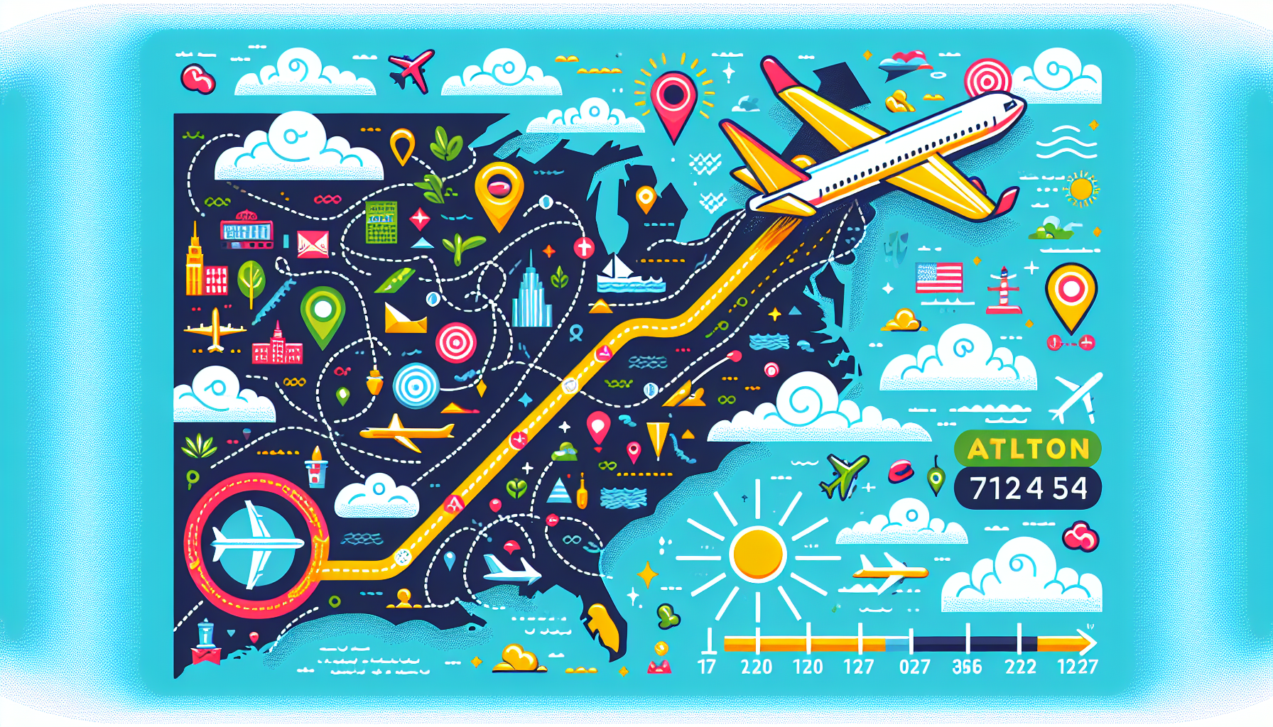 An artistic depiction of flight distance and duration between Boston and Atlanta, with a focus on flying time.