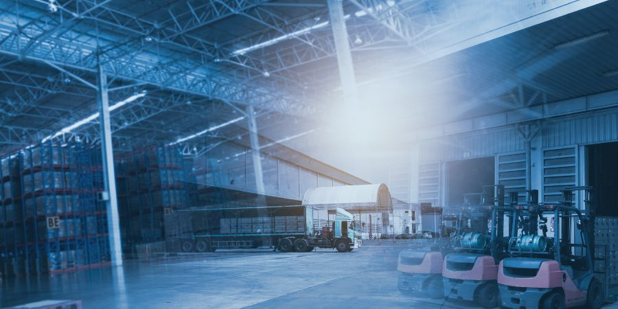 Interior of a large warehouse with trucks and forklifts ready for loading and unloading.