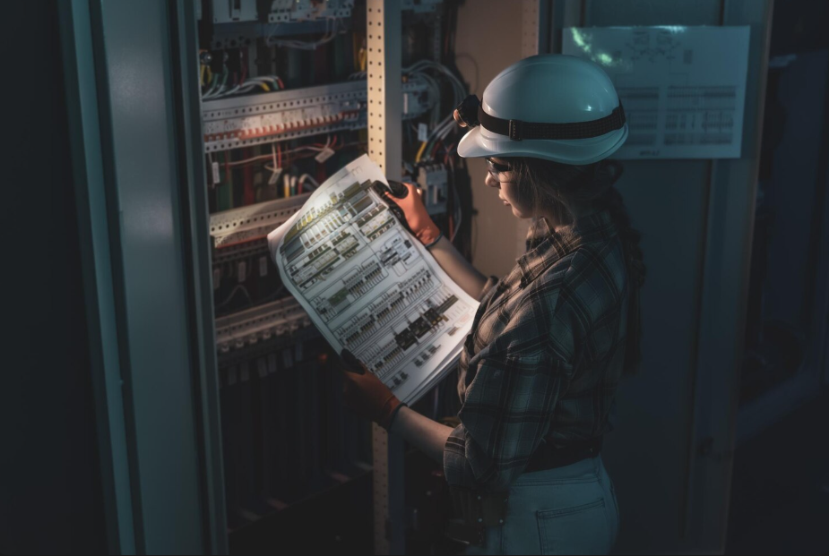 Engineer inspecting an electrical control panel