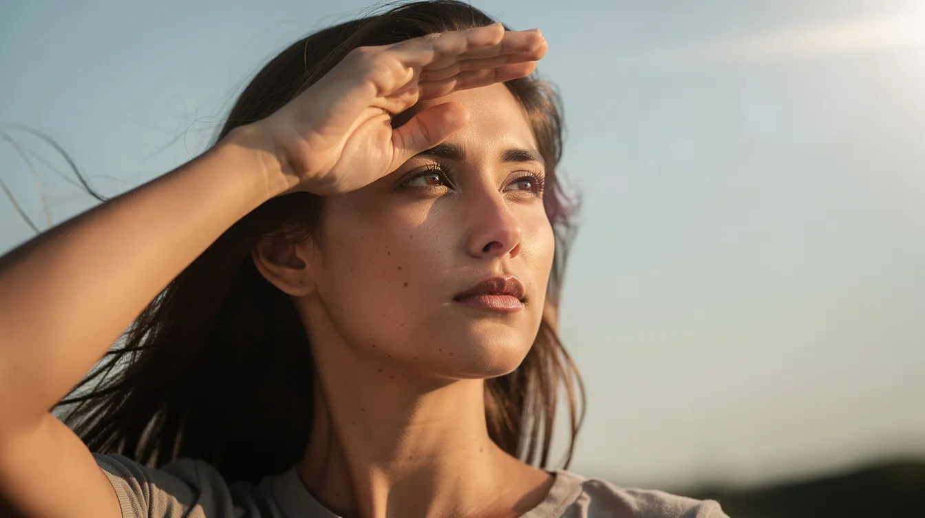 Eine Person steht und blickt in die Ferne, während sie eine Hand schützend über die Augen hält, möglicherweise um die Sicht auf entfernte Objekte zu verbessern. Diese Pose könnte auf eine Sehschwäche wie Kurzsichtigkeit (Myopie) oder Weitsichtigkeit (Hyperopie) hinweisen, da sie versucht, Lichtstrahlen besser zu fokussieren.
