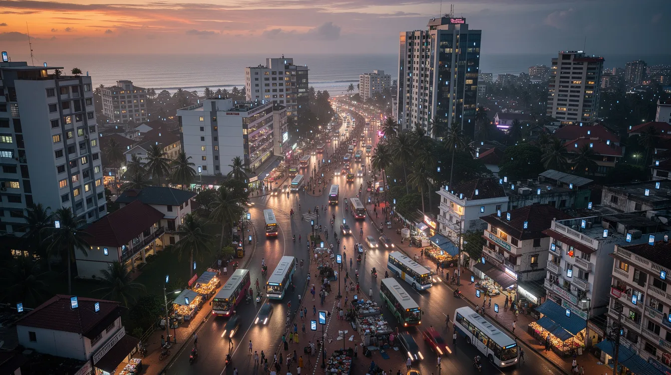 An aerial view of a modern Sri Lankan city at dusk showcases the vibrant glow of smartphone screens, symbolizing the rise of digital connectivity and the popularity of mobile wallets for everyday payments. This scene reflects the digital adoption in urban areas, highlighting the convenience of using digital wallet apps for transactions like bill payments and bank transfers.