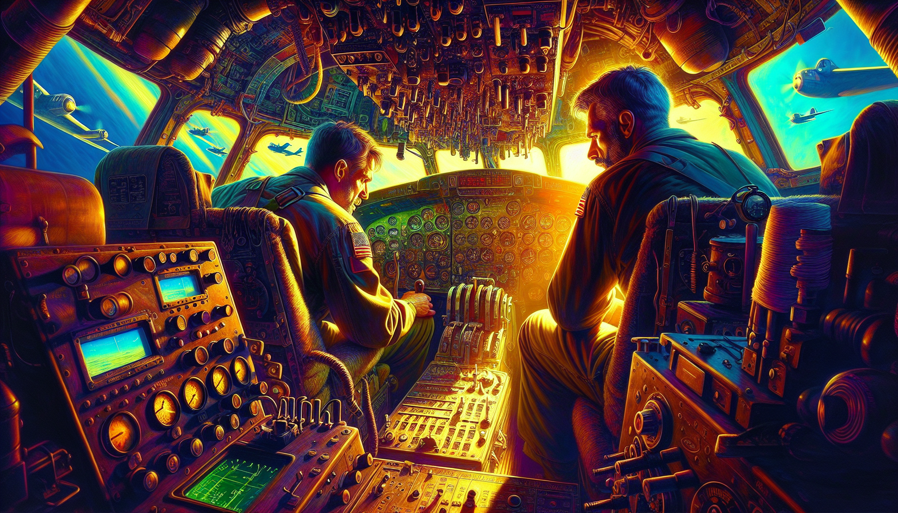 Illustration of pilots flying the B-24 bomber in a cockpit setting.