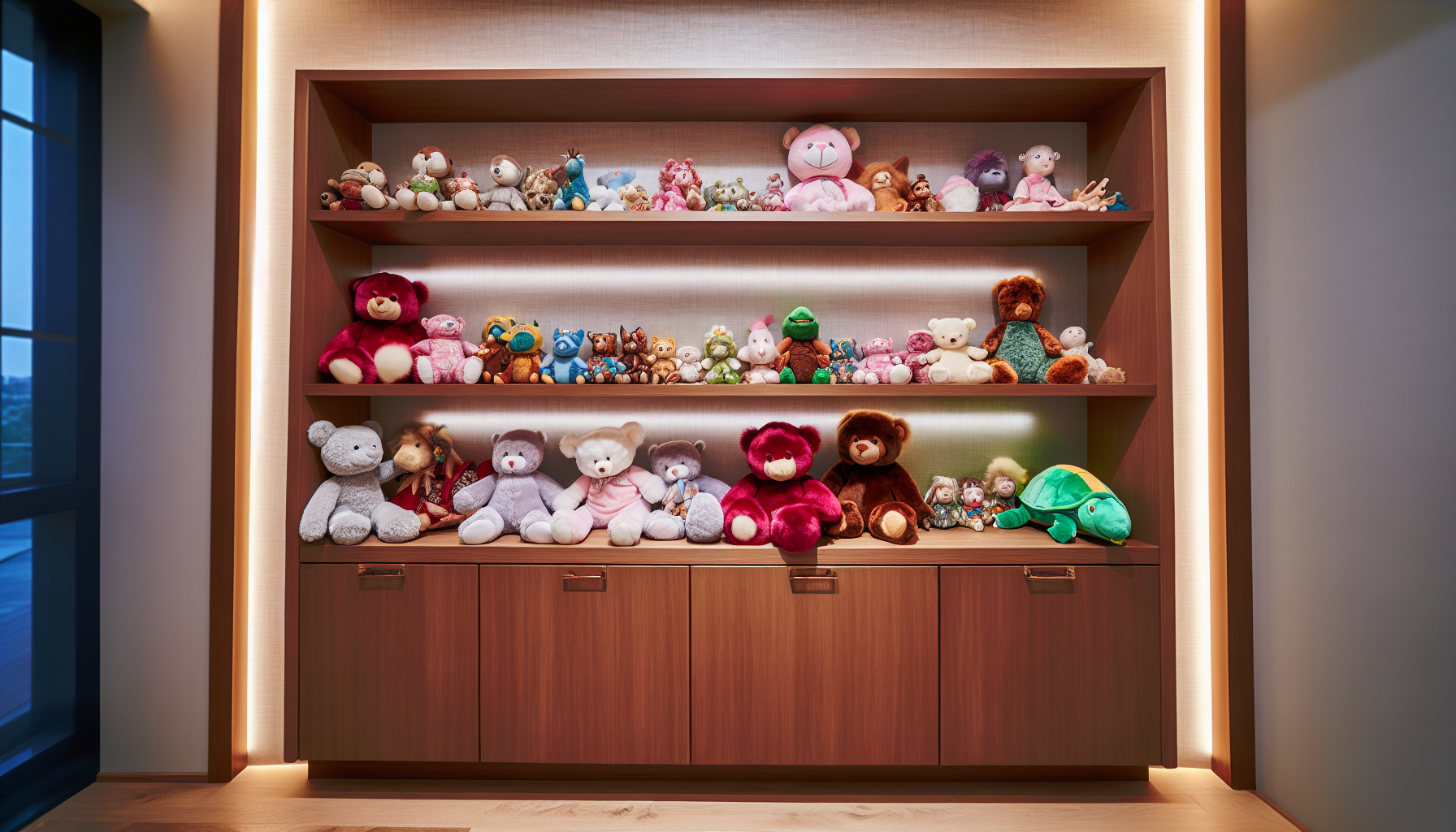 A variety of baby soft toys displayed in a shop