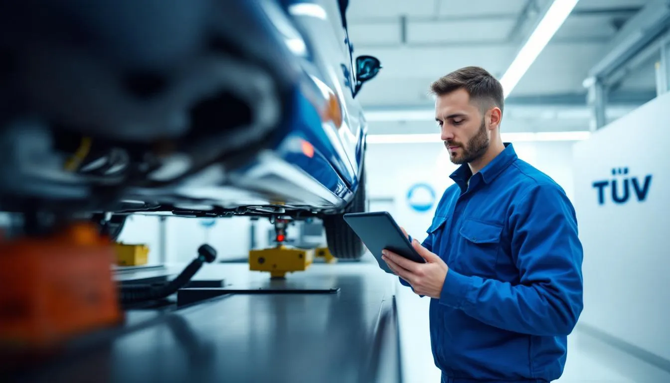 Ein Mechaniker, der eine Hauptuntersuchung an einem Fahrzeug in der TÜV Prüfstelle durchführt.