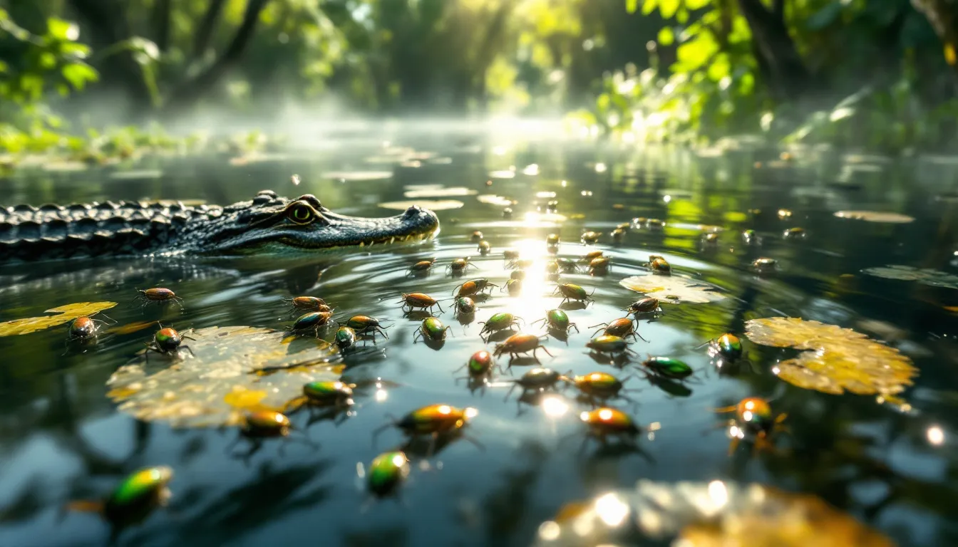 Whirligig beetles swimming in the swampy ecosystem of the Everglades.