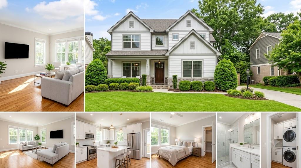 A professional real estate photography collage showing a bright, well-staged residential house exterior alongside clean, naturally lit interior views of the living room, kitchen, and bedroom.