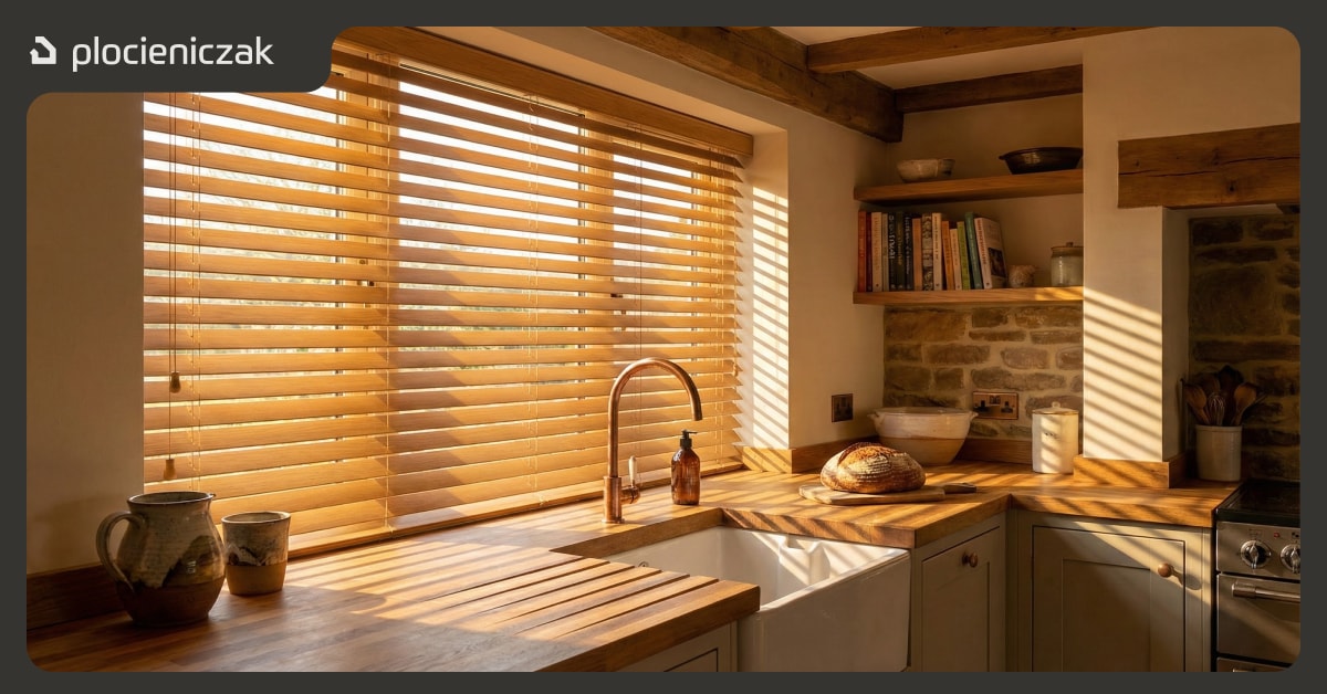 Żaluzje drewniane w oknie kuchennym - naturalne ciepło drewna i kontrola światła