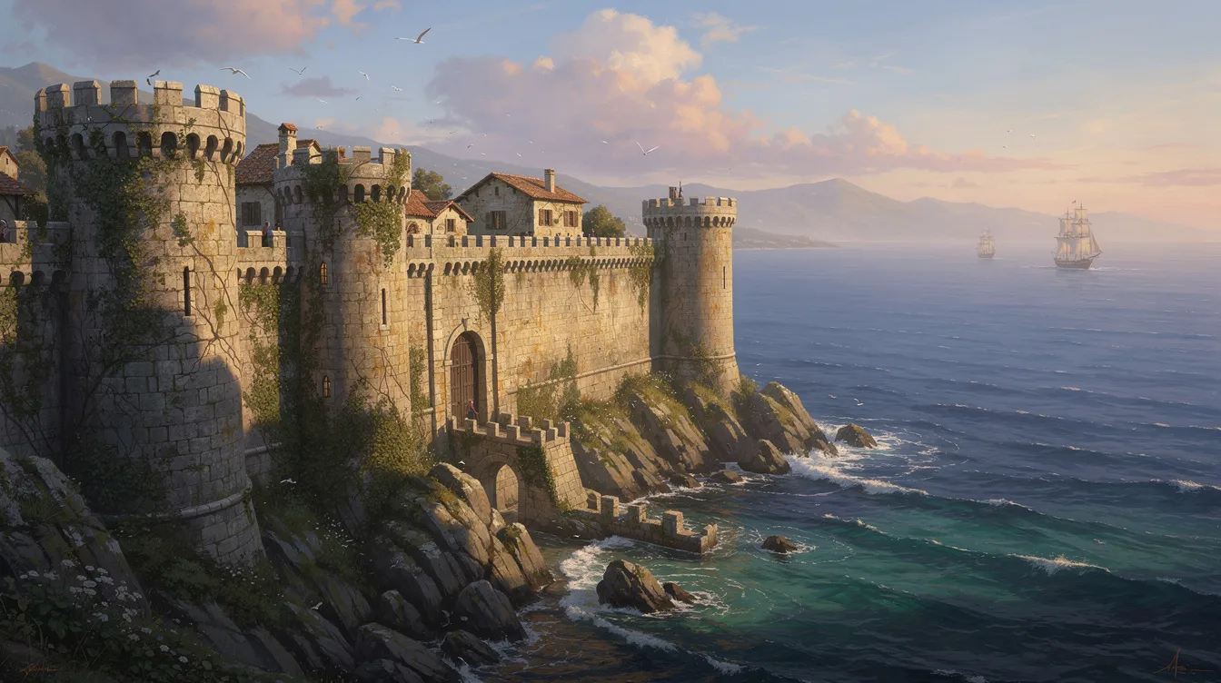 A imagem mostra as imponentes muralhas medievais de uma cidade costeira na Croácia, com o mar Adriático de um azul vibrante ao fundo. As estruturas antigas refletem a rica história e cultura da região, sendo um destino turístico popular para visitantes que desejam explorar a beleza do litoral croata.
