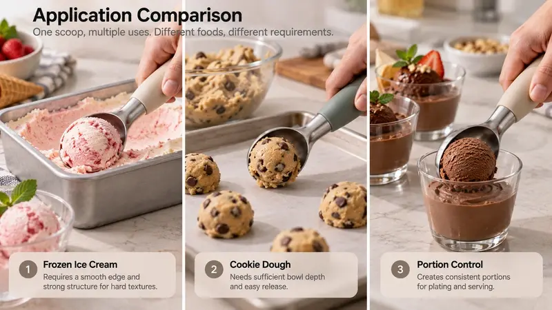Ice cream scoop used for frozen ice cream, cookie dough, and controlled food portions