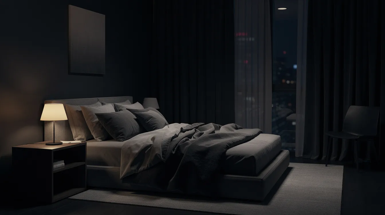 The image depicts a calm, dark bedroom featuring comfortable bedding and minimal furniture, creating an inviting atmosphere for restful sleep. This serene environment is ideal for older adults seeking to improve their sleep quality and combat common sleep disorders such as insomnia or sleep apnea.