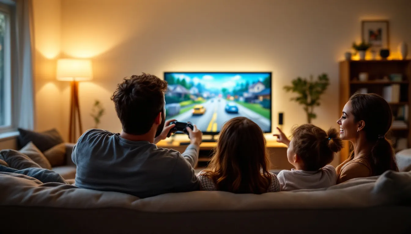 A joyful family is gathered in their living room, enjoying fast home internet as they stream movies and play video games together. The scene highlights a wireless router and multiple devices connected to their Verizon internet, showcasing seamless download speeds and reliable connection for all users.