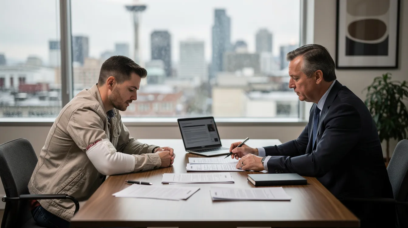An injured car accident victim with an arm in a sling is meeting with an experienced car accident attorney in a modern Seattle law office, discussing legal documents across a desk. The blurred Seattle skyline can be seen through a large window, creating a rainy atmosphere, while items like a laptop and medical papers are visible, emphasizing the serious nature of personal injury claims.