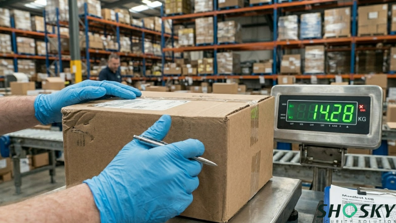 Verifying shipment weight against a manifest log in a warehouse