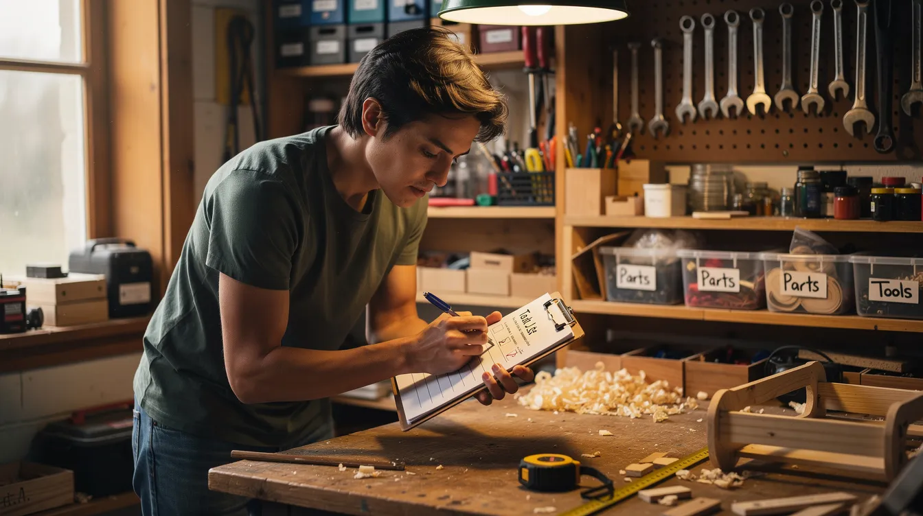 6da0c8e4 f37a 485b 93c1 a914e1e0a620 The image shows a person in a small workshop diligently checking items off a paper list with a pen, likely organizing tasks related to their micro enterprise. This scene reflects the importance of maintaining a satisfactory credit track record and preparing necessary documents for mudra loans as part of their business plan.