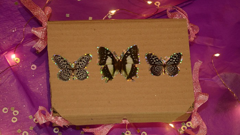 Box decorated with ribbons and butterfly stickers