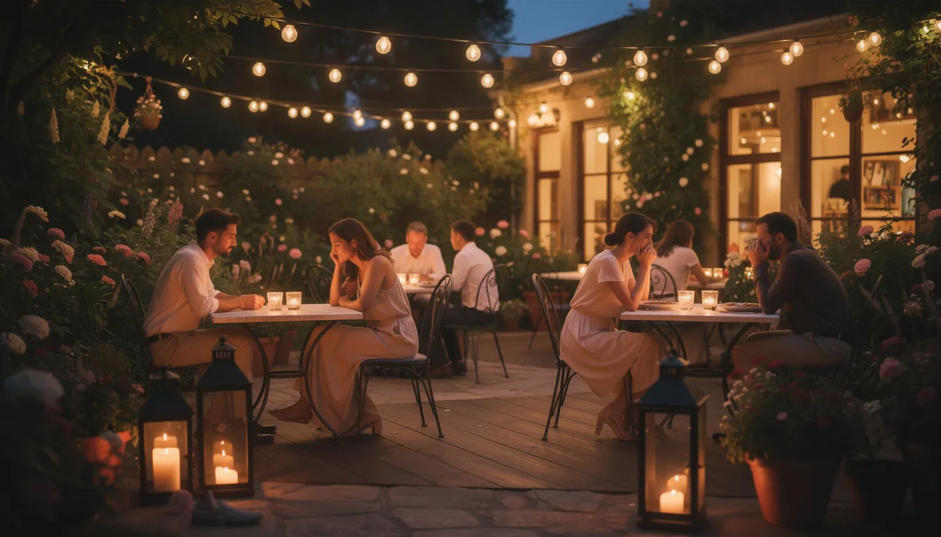 The image depicts a romantic restaurant garden terrace adorned with flickering fairy lights, creating an intimate atmosphere for couples. The cozy seating arrangements invite guests to enjoy a special date night under the stars, making it one of the most romantic restaurants for a memorable dinner.