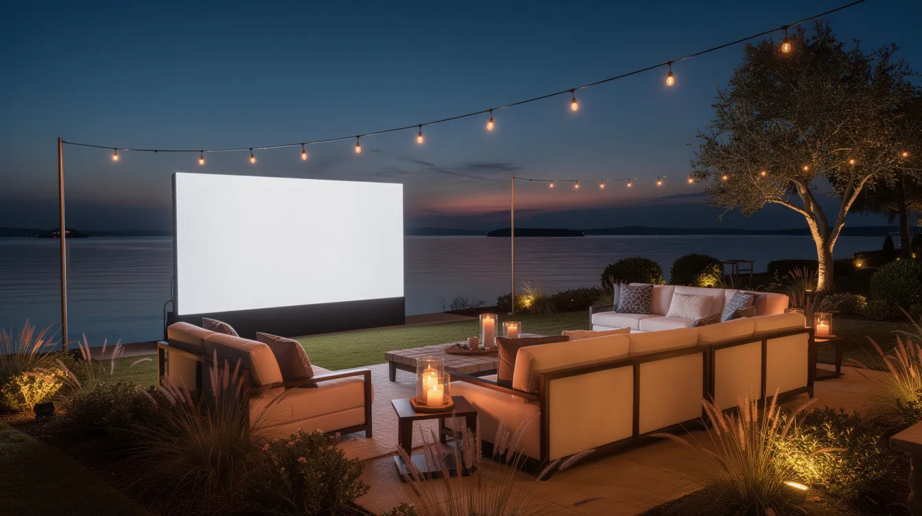 An elegant outdoor evening setup on a lakefront property features a large LED screen for watch parties, comfortable seating areas, and subtle landscape lighting, creating a perfect atmosphere for fans to cheer on their favorite teams during the final matches. The scene invites guests to enjoy drinks and snacks while celebrating the event with friends in the beautiful Twin Cities.