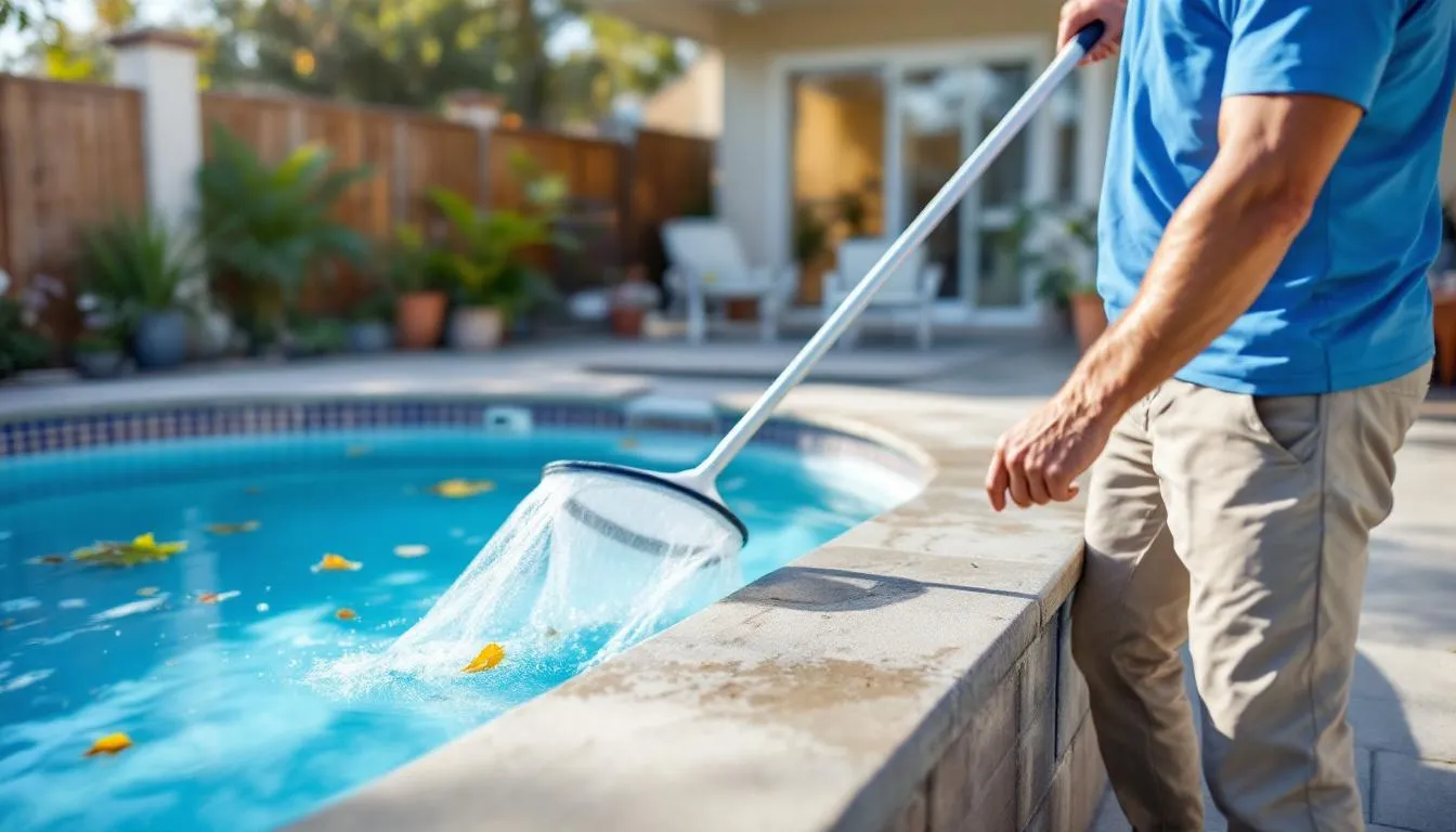 A man providing residential pool service using a pole and net, carefully removing debris from the pool's surface to maintain clean water and proper water circulation. This pool maintenance ensures the pool remains in pristine condition for the enjoyment of its owners.