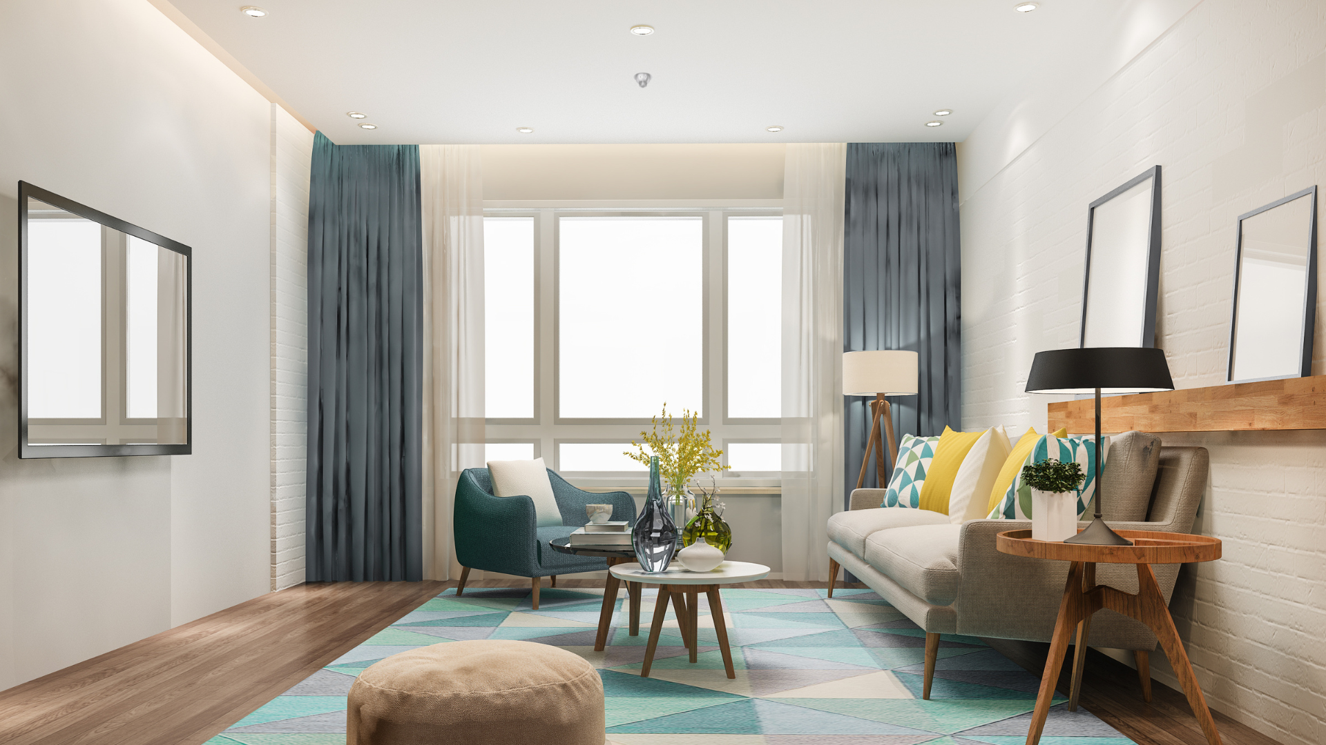 A living room with fire mist system installed