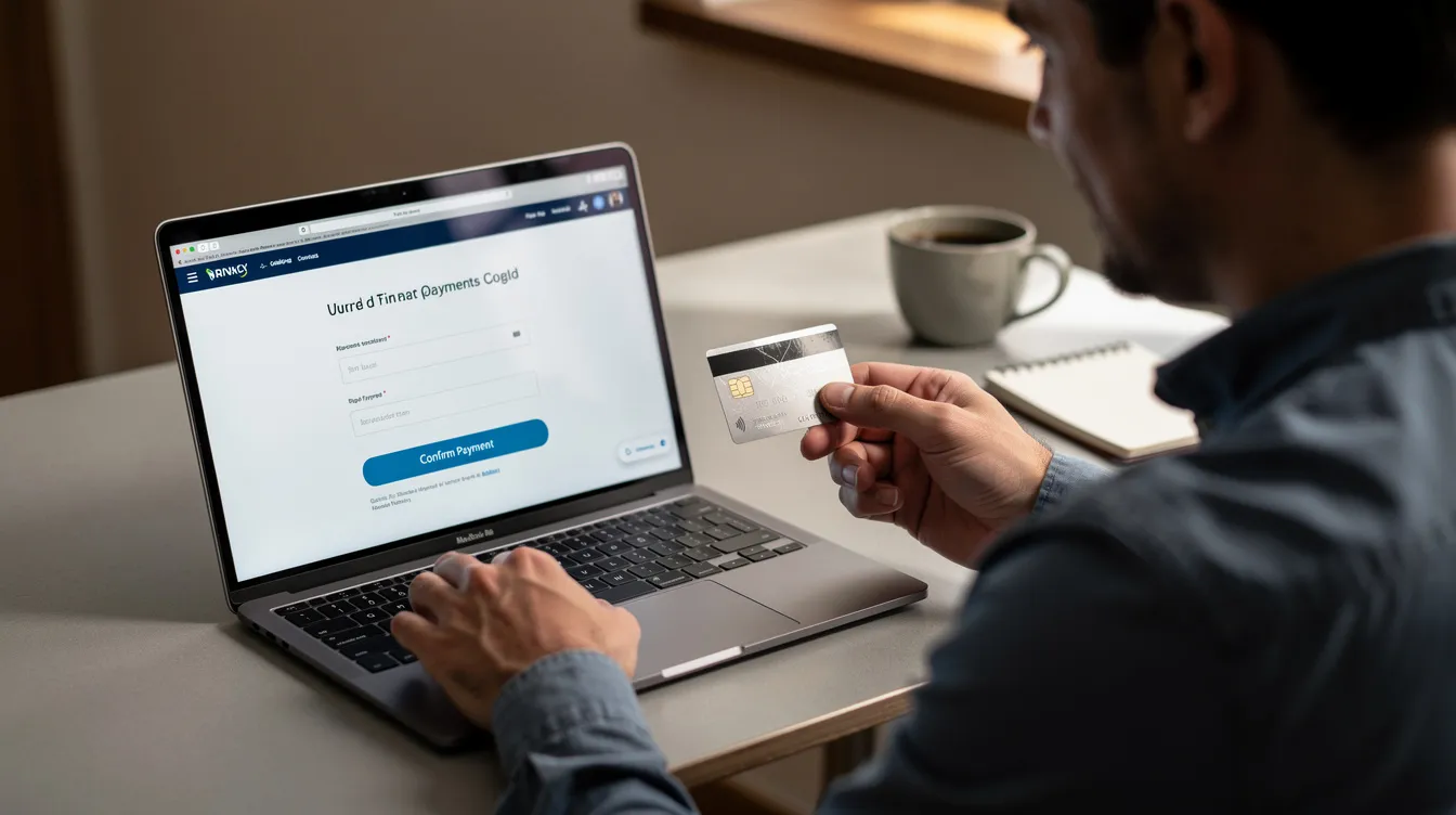 A person is seated at a laptop, engaging in an online financial transaction while holding a credit card. The scene suggests they are accessing information related to their bank, possibly the Kalyan Janata Sahakari Bank, to complete the transaction.